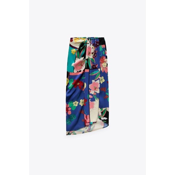 ZARA Floral Patchwork Print Satin Twill Knotted Maxi Pareo Sarong Skirt, Size S - Picture 15 of 16